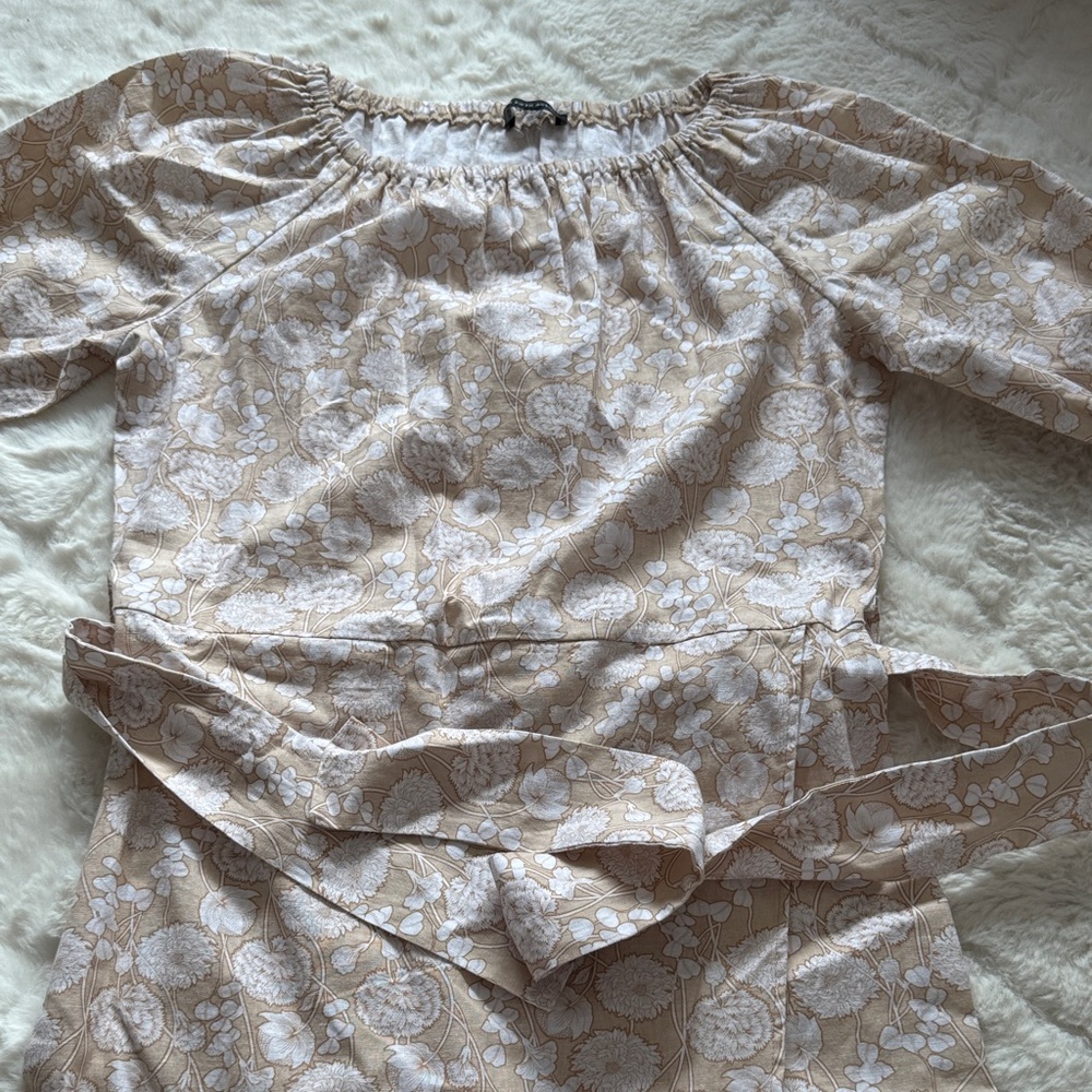 Women’s Floral Off-Shoulder Blouse with Waist Tie - Beige